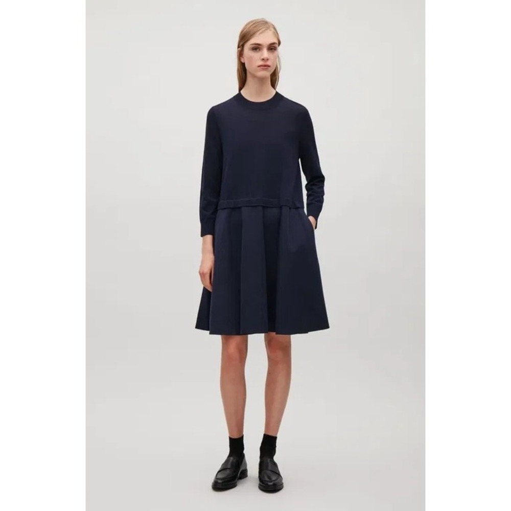 COS Long Sleeve Knitted Sweater Dress With Woven Skirt A-Line Minimalist Small - Picture 2 of 12